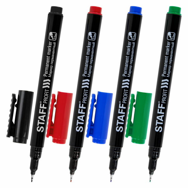 Маркер перманентный НАБОР 4 ЦВЕТА, STAFF "Profit PM-105", тонкий металлический наконечник 0,5 мм, 15