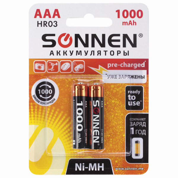 Батарейка аккумуляторная, SONNEN, ААA (HR03), Ni-Mh, 1000mAh, в блистере, 454237