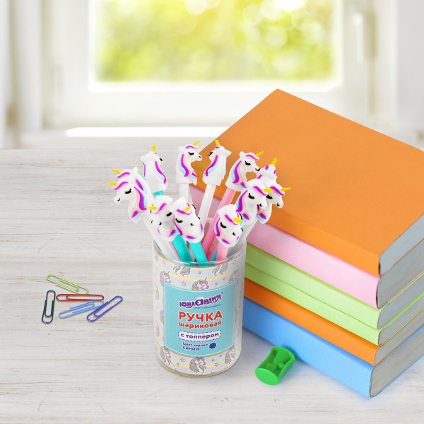 Ручка с топпером шариковая ЮНЛАНДИЯ "Единорожка", корпус ассорти, СИНЯЯ, 0,7мм, 143806