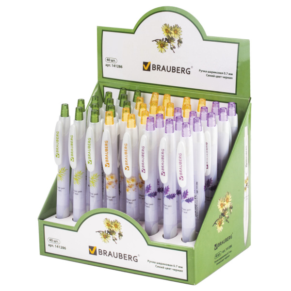 Ручка шариковая BRAUBERG автомат. "Herb Time", корп.ассорти, толщ.письма 0,7мм, рез.держ, 141286,син
