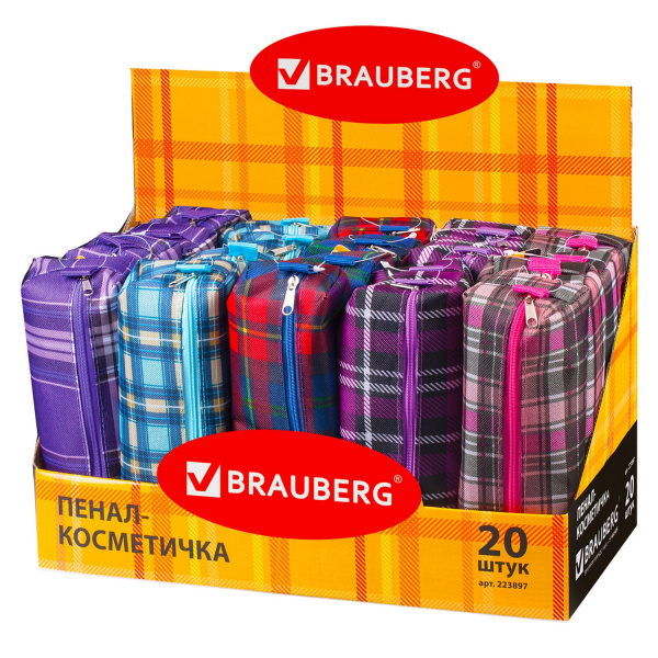 Пенал-косметичка BRAUBERG полиэстер, ассорти 5 цветов, "Шотландия", 20х6х4 см, дисплей, 223897