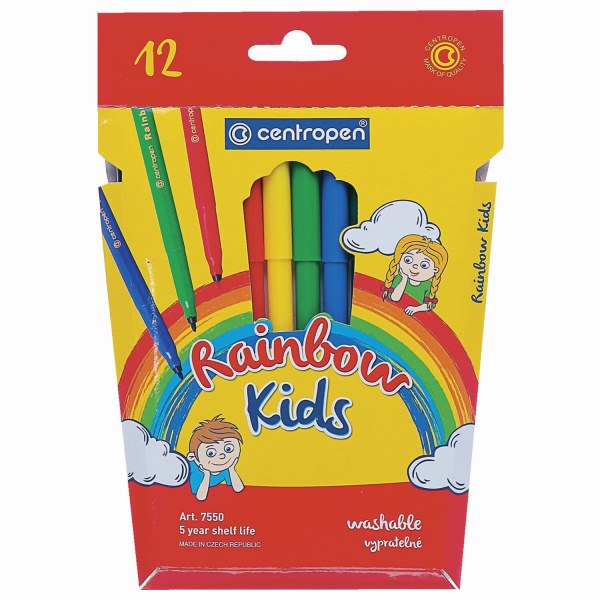 Фломастеры 12 ЦВЕТОВ CENTROPEN "Rainbow Kids", трехгранные, смываемые, картон. упаковка, 7550/12KK