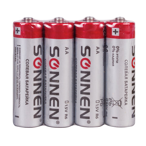 Батарейки SONNEN AA (R6), "Heavy Duty", солевые, в спайке, 1.5В, 451097