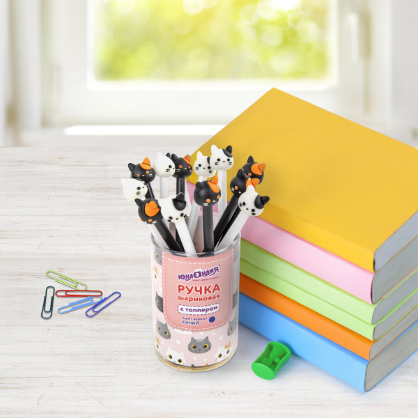 Ручка с топпером шариковая ЮНЛАНДИЯ "Кошка", корпус ассорти, СИНЯЯ, узел 0,7мм, 143804