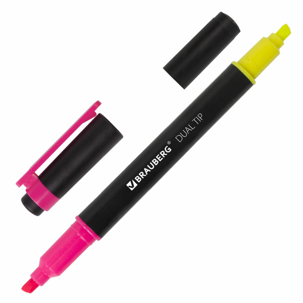 Текстмаркер BRAUBERG двусторонний, скошенный наконечник 1-4 мм, лимонный/розовый, 150840