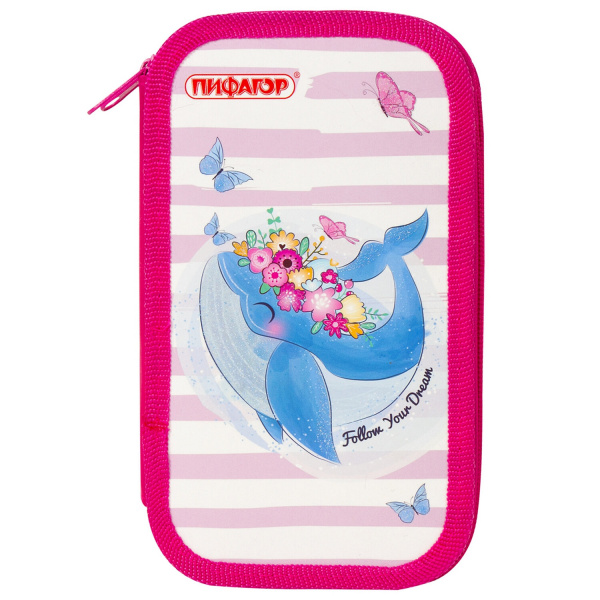 Пенал ПИФАГОР, 2 отделения, ламинированный картон, блестки, 19х11 см, WHALE, 229156