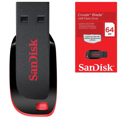 Флэш-диск 64GB SANDISK Cruzer Blade USB 2.0, черно-красный, SDCZ50-064G-B35