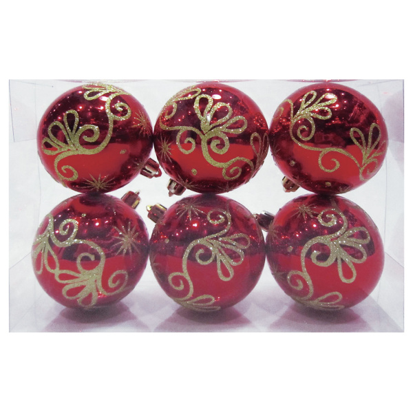 Шары елочные, набор 6 шт., пластик, диаметр 6 см, с рисунком глиттером, цвет красный (глянец), 59591