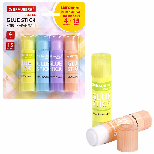 Клей-карандаш BRAUBERG PASTEL 15 г, 4 штуки на блистере, PVP-основа