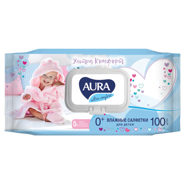 Салфетки влажные КОМПЛЕКТ 100шт,для детей AURA "Ultra comfort",гипоаллерген,без спирта,крышка клапан
