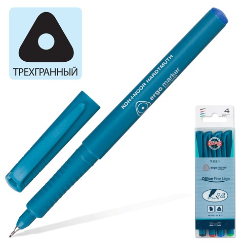 Ручки капиллярные KOH-I-NOOR, набор 4 шт., трехгранная, 0,3 мм, европодвес, син, черн, красн, зел. 