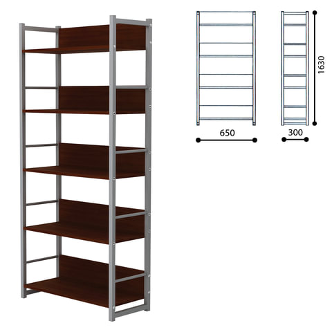 Стеллаж на металлокаркасе (в1630*ш650*г300мм), серый каркас, 5 полок ЛДСП орех, Д-343