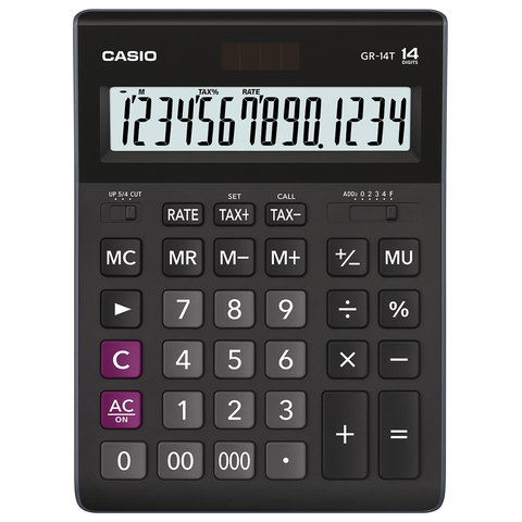 Калькулятор настольный CASIO GR-14T-W (210х155мм), 14 разрядов, двойное питание, черный