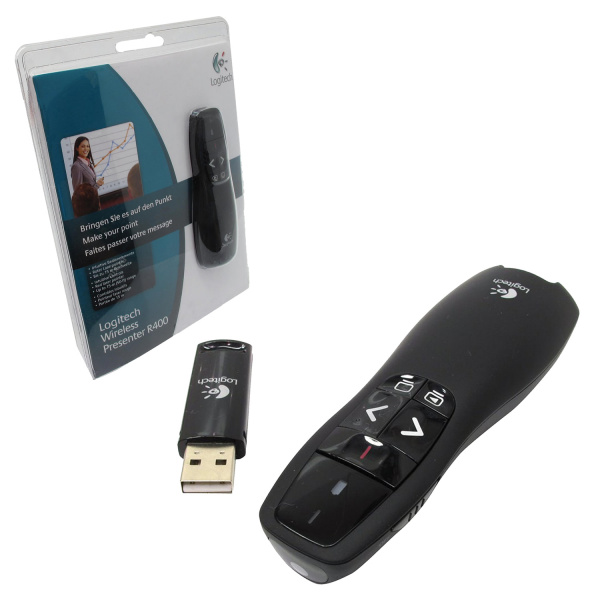 Презентер (пульт ДУ) LOGITECH Presenter R400, радиус действия 15 м, цвет черный