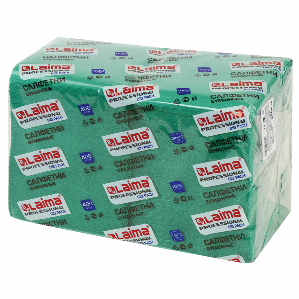 Салфетки бумажные 400шт. 24х24см, LAIMA, "Big Pack", зеленые (интенсив), 100% целлюлоза