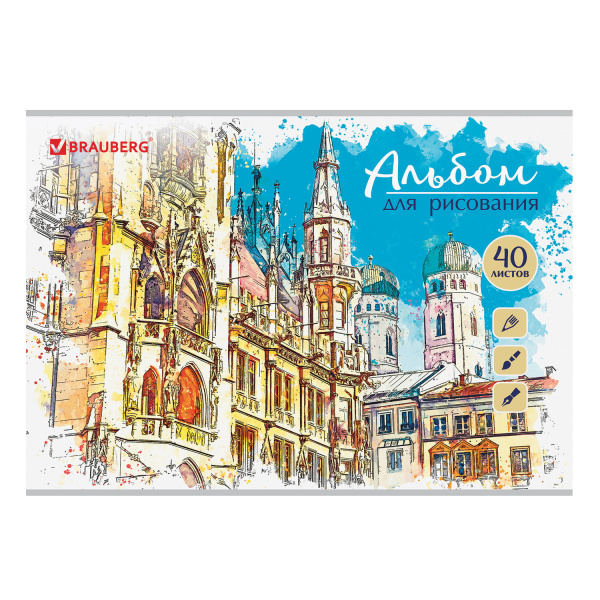 Альбом для рисования А4 40л., скоба, глянцевый лак, BRAUBERG, 202х285мм, Города