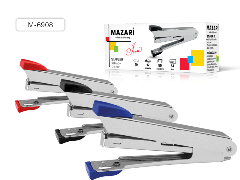 Степлер №10, IRON, 12 листов, с антистеплером, АССОРТИ, цельнометаллический