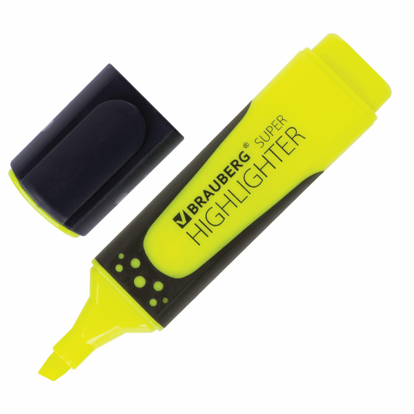 Текстовыделитель BRAUBERG «SUPER», ЖЕЛТЫЙ, прорезиненный корпус, линия 1-5 мм, 151738