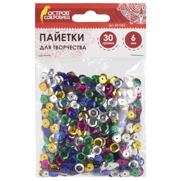 Пайетки для творчества КЛАССИКА, ЦВЕТ АССОРТИ, 6мм, 30г., 5 цветов, ОСТРОВ СОКРОВИЩ, 661262