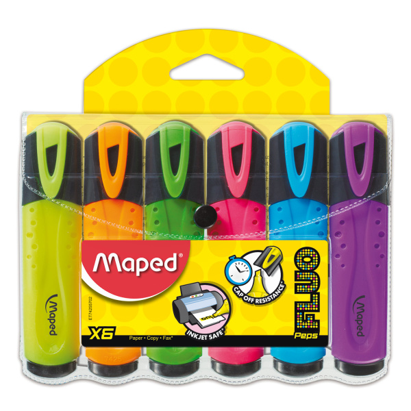 Текстмаркеры MAPED (Франция), НАБОР 6шт, "Fluo Pep's Classic", 1-5мм (жел, оран, роз, зел, гол, фиол