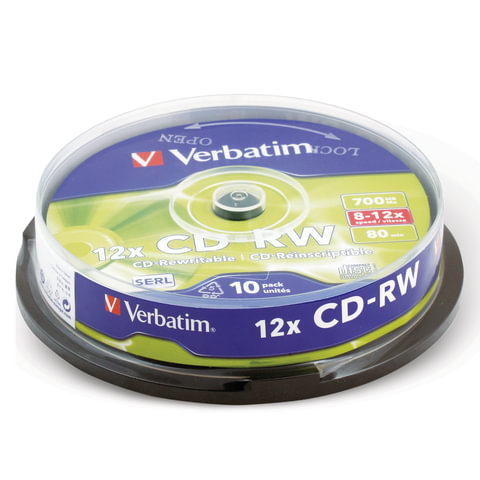 Диск CD-RW VERBATIM, 700 Mb, 12х, 10 шт., Cake Box, 43480