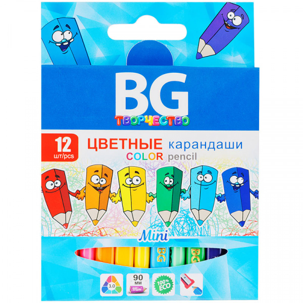 Карандаши цветные BG "Mini", 12цв., трехгранные, 3,0мм, заточенные, европодвес Карандаши цветные BG "Mini", 12цв., трехгранные, 3,0мм, заточенные, европодвес