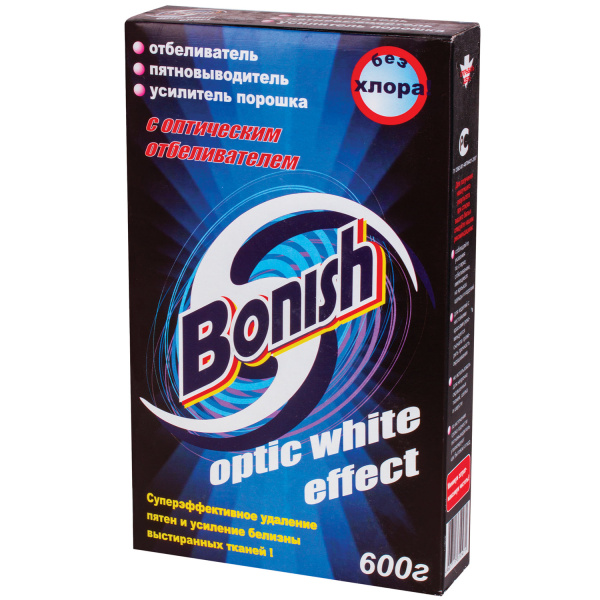 Пятновыводитель-отбеливатель BONISH (Бониш) "Optic white effect" 600г, без хлора Пятновыводитель-отбеливатель BONISH (Бониш) "Optic white effect" 600г, без хлора
