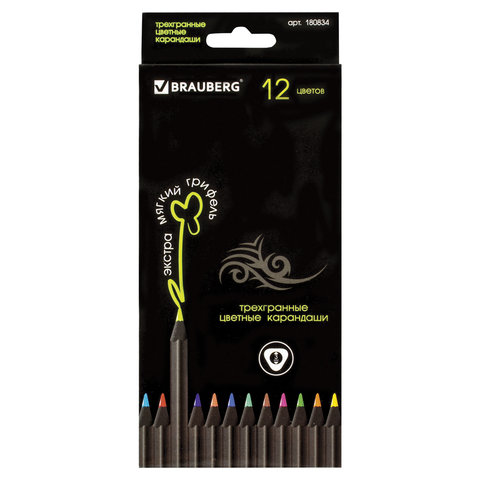 Карандаши цветные BRAUBERG "Black Jack" (Блек Джек), 12 цв., трехгран., черн. дерево, заточ, 180834