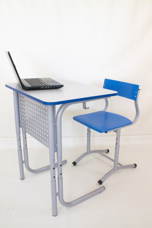 Стул регулируемый 4-6 гр. на каркасе "ДУГА" (Спинка и сиденье синие, м/к серый)