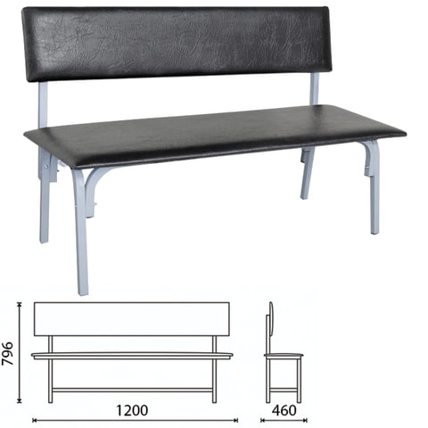 Банкетка со спинкой "Астрид", 1200х470х790 мм, серый каркас, кожзам черный