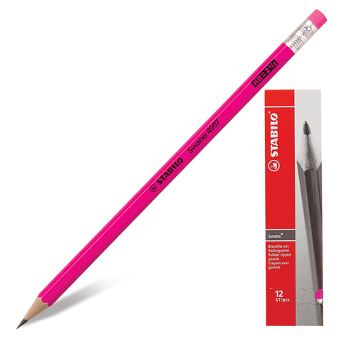 Карандаш ч/гр STABILO, 1 шт., "Swano", HB, корпус неон.розовый, с ластиком, заточ., 4907/040HB