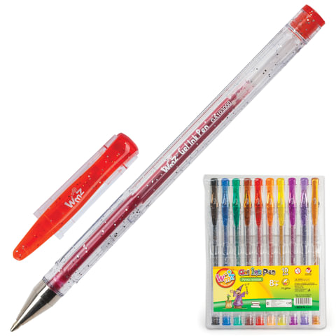 Ручки гелевые BEIFA (Бэйфа), НАБОР 10шт, "WMZ", корп.проз. с блест, цв.дет, 0,7мм, подв, GA1030-10,а