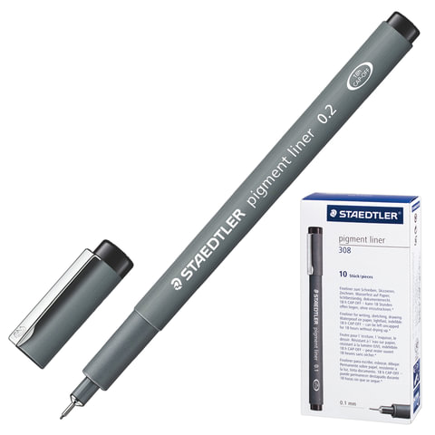Ручка капиллярная STAEDTLER "Pigment Liner", корпус серый, толщина письма 0,2 мм, черная, 308 02-9