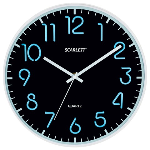 Часы настен. SCARLETT SC-WC1007O круглые, черные, серебрист. рамка, пластик, плавный ход 30х30х4,5см