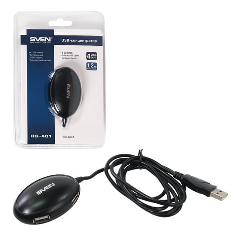 Хаб SVEN HB-401, USB 2.0, 4 порта, кабель 1,2 м, черный, SV-012830 Хаб SVEN HB-401, USB 2.0, 4 порта, кабель 1,2 м, черный, SV-012830