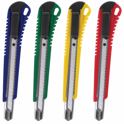 Нож канцелярский 9 мм STAFF "PRO", усиленный, металлические направляющие, автофиксатор, ассорти, 237 Нож канцелярский 9 мм STAFF "PRO", усиленный, металлические направляющие, автофиксатор, ассорти, 237