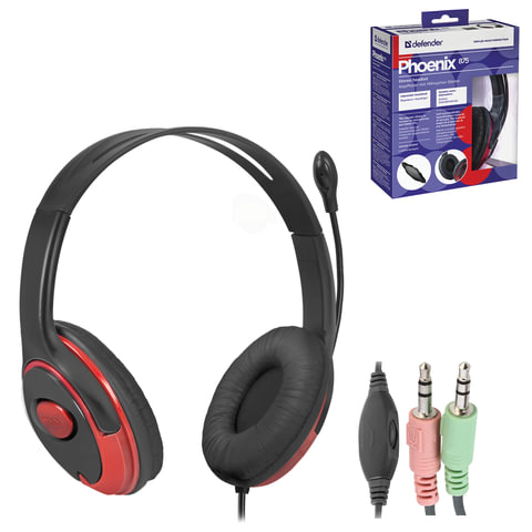 Наушники с микрофоном (гарнитура) DEFENDER Phoenix 875, проводная, компьютерная, 2 м, черная с красн