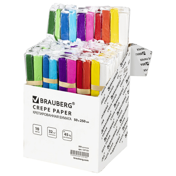 Цветная бумага КРЕПИРОВАННАЯ BRAUBERG, ПЛОТНАЯ, АССОРТИ 10 цветов, растяжение до 45%,50*250см,127151