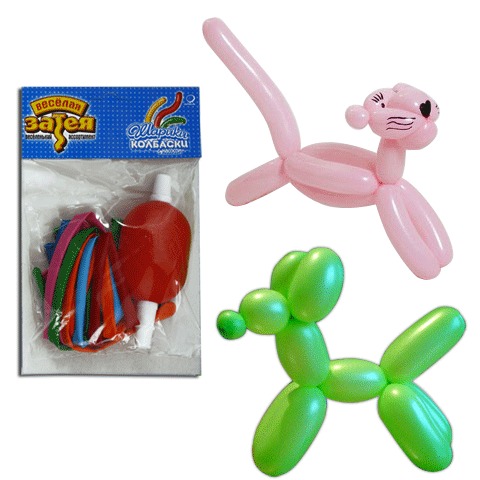 Шары воздушные д/моделиров, КОМПЛЕКТ 10шт., с насосом, цвет ассорти, в упак. с европодвес., 1111-012