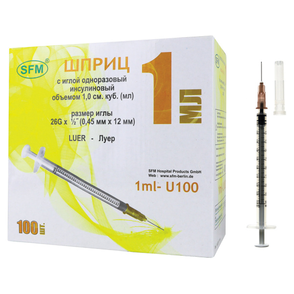 Шприц инсулиновый SFM, 1 мл. КОМПЛЕКТ 100 шт. в коробке, U-100 игла 0,45х12 - 26G, ш/к08021 Шприц инсулиновый SFM, 1 мл. КОМПЛЕКТ 100 шт. в коробке, U-100 игла 0,45х12 - 26G, ш/к08021