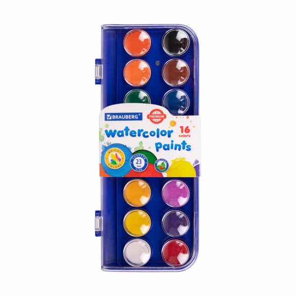 Краски акварельные BRAUBERG "PREMIUM" 16 цветов, круглые кюветы 23 мм, пенал, 191744