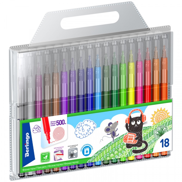 Фломастеры Berlingo "Жил-был кот", 18цв., смываемые, блистер WP00618