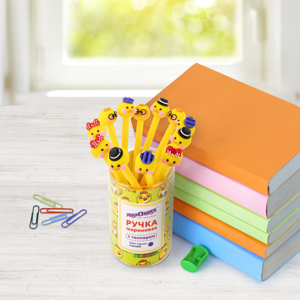 Ручка с топпером шариковая ЮНЛАНДИЯ "Цыпленок", корпус ассорти, СИНЯЯ, узел 0,7мм, 143808