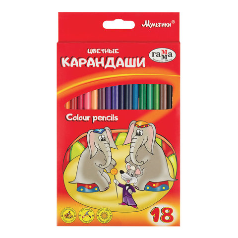 Карандаши цветные ГАММА "Мультики", 18 цв., заточенные, трехгранные, карт. упак., 05091808