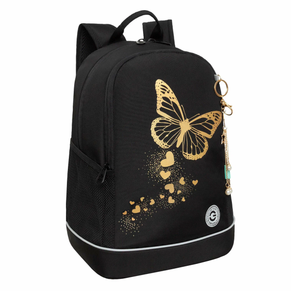 Рюкзак GRIZZLY школьный, анатомическая спинка, 2 отделения, для девочек, "GOLDEN BUTTERFLY", 38х28х1
