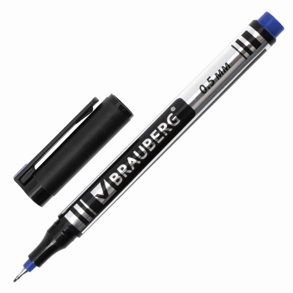 Маркер перманентный (нестираемый) BRAUBERG "Jet" супертонкий метал. наконечник 0,5мм, синий, 150508