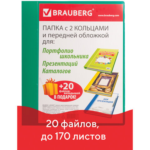Папка для портфолио и презентаций, 2 кольца, 20 файлов, пластик, зеленая, BRAUBERG, 126677