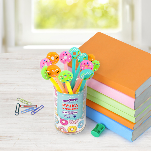 Ручка с топпером шариковая ЮНЛАНДИЯ "Пончик", корпус ассорти, СИНЯЯ, узел 0,7мм, 143799