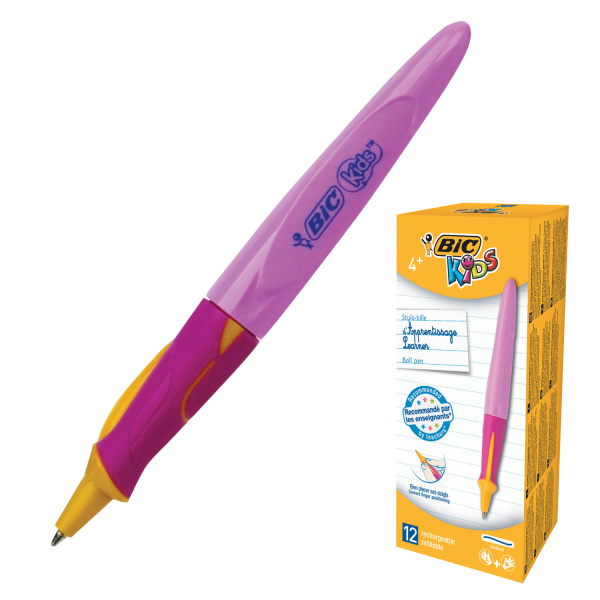 Ручка шариковая с грипом BIC Kids Twist, СИНЯЯ, для детей, корпус розовый, 1мм, линия 0,32мм, 918458
