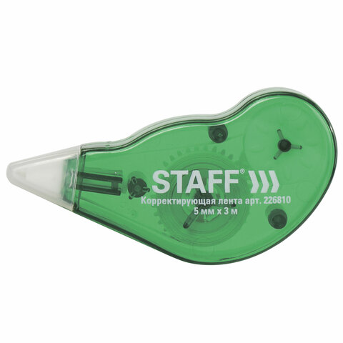 Корректирующая лента STAFF, 5 мм х 3 м, корпус зеленый, с подкручиванием, блистер